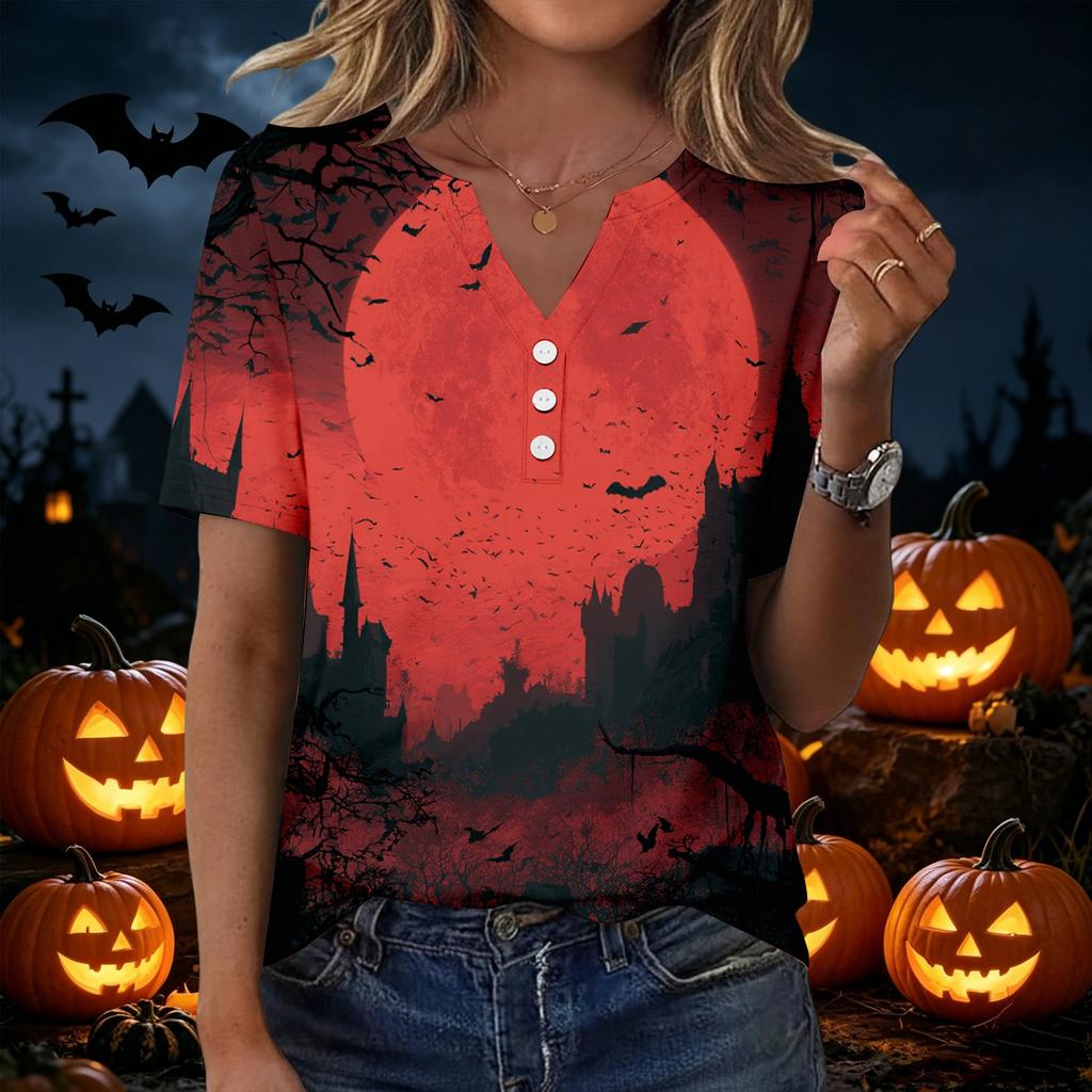 Women's Casual Halloween Printed V-Neck Short Sleeve Button Front T-Shirt