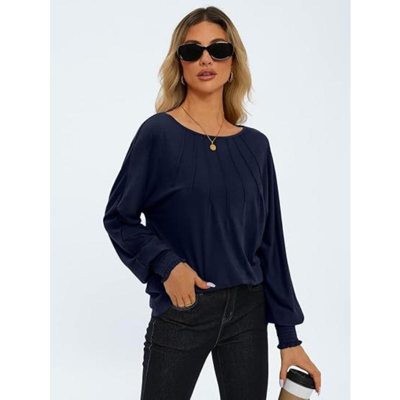 Autumn and Winter Women's Blouse Round Neck Pleated Long Sleeve Casual Tops
