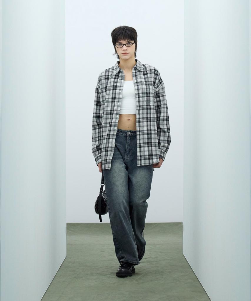 STANDARDERROR 87-Stan134 Soft Misty Oversized Pocket Long Sleeve Check Shirt Black