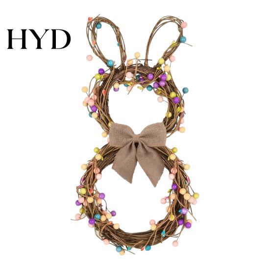 Lifelike Rabbit Wreath Easter Bunny with Pastel Eggs Artificial Twig Burlap Cute Bow Spring Shaped Door for Front Decor A