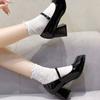 Mary Janes Vintage Schwarze Sandalen Frau Schnalle Rutschfest Lässig Mittelhohe Absätze Büro Damen Solide Elegante Absätze Koreanische Pumps