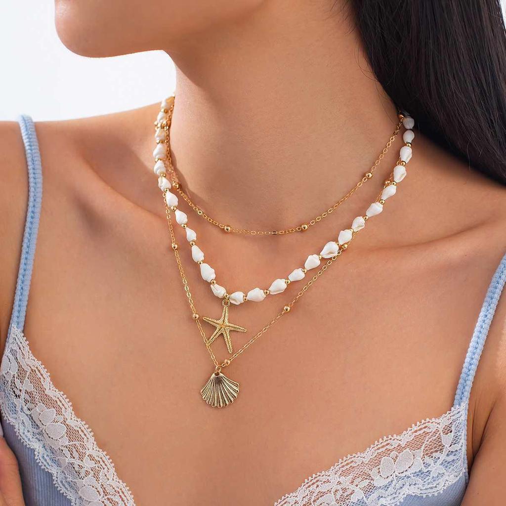 14K Gold Multi-layer Pearl & Starfish Seashell Necklace for Women