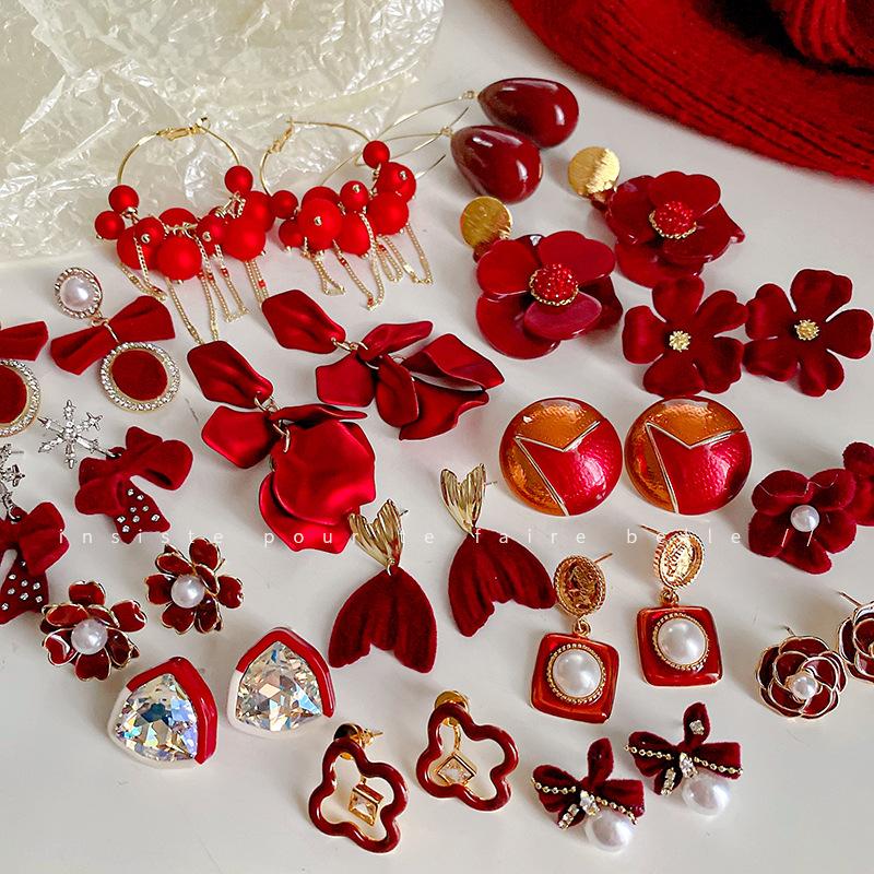 French Burgundy Love Petal Fringed Earrings Niche Fashion Trendy Stud Earrings Earrings Women