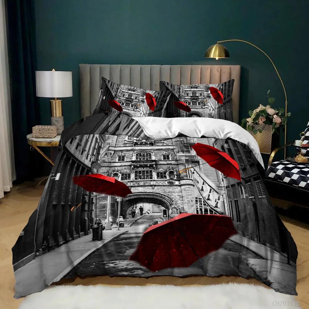 Retro Architektoniczny Poszwa na Kołdrę Kobieta w Czerwonej Sukni Gra na Skrzypcach przy Wieży Eiffla Podwójna Queen King Poliester Poszwa na Kołdrę