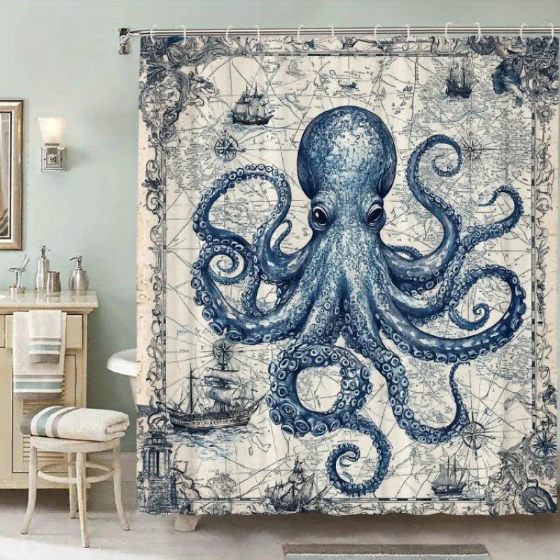 Octopus Pattern Shower Curtain, Waterproof & Machine Washable, for Home, Hotel, Bathroom Decor, One-Piece Design