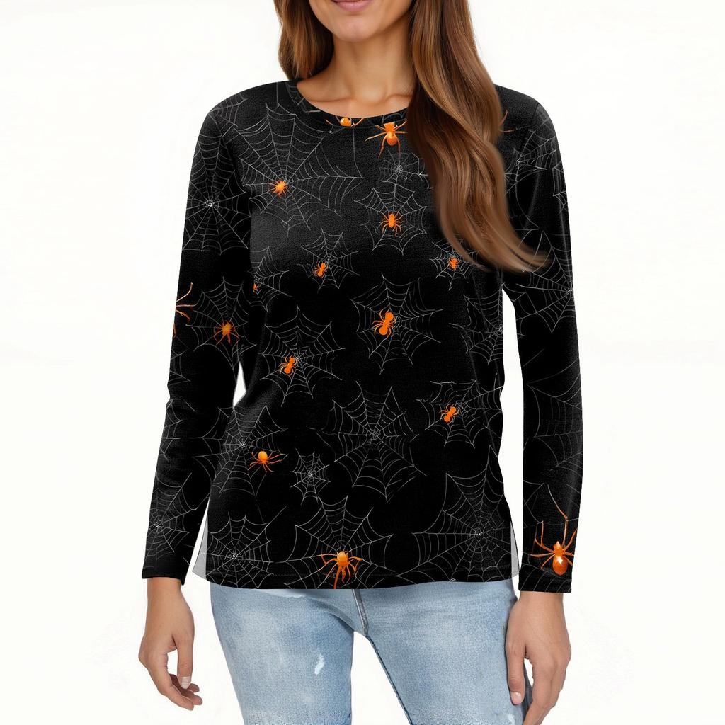 Women's Fashion Casual Slit Hem Round Neck Long Sleeve Loose Halloween Printed T-Shirt Ladies Top