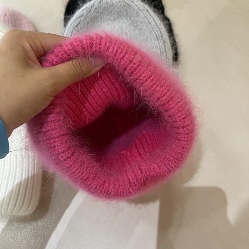 Warm Angora Rabbit Fur Hat for Women Soft Thick Female Winter Knitted Caps Fashion Wide Cuffed Plain Russia Ski Brand Beanie