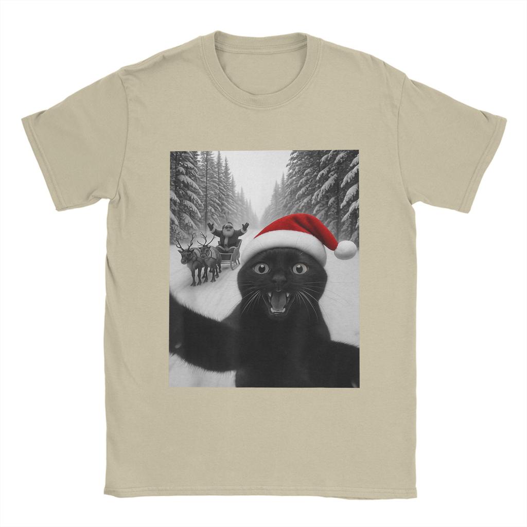Lustiges Katzen-Selfie mit dem Weihnachtsmann Weihnachts-T-Shirts für Herren Tolle T-Shirts Kurzarm Rundhals-T-Shirts Neu eingetroffene Kleidung