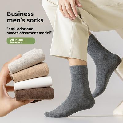 Men's Spring-Autumn Mid-Calf Sweater Cotton Socks with Wicking and Antimicrobial Properties, Pure Color, Business Use