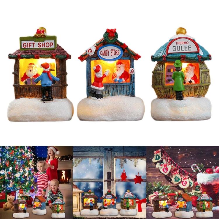 LED Light Up Christmas Ornament Resin House Shape Figurine Desktop Decoration Miniature Cottage Statue for Office