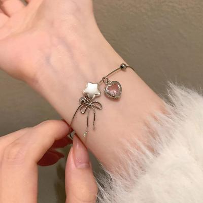Sweet Simple Heart Bowknot Zircon Charm Opening Adjustable Thin Bracelet For Women Girls  Aesthetic Jewelry Birthday Gift