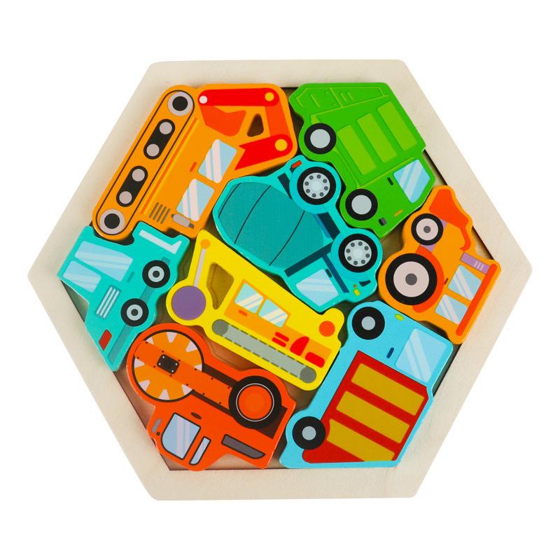 Children's Wooden Three-dimensional Hexagonal Puzzle Animal Traffic Puzzle Building Block Early Education Educational Enlightenment Toy