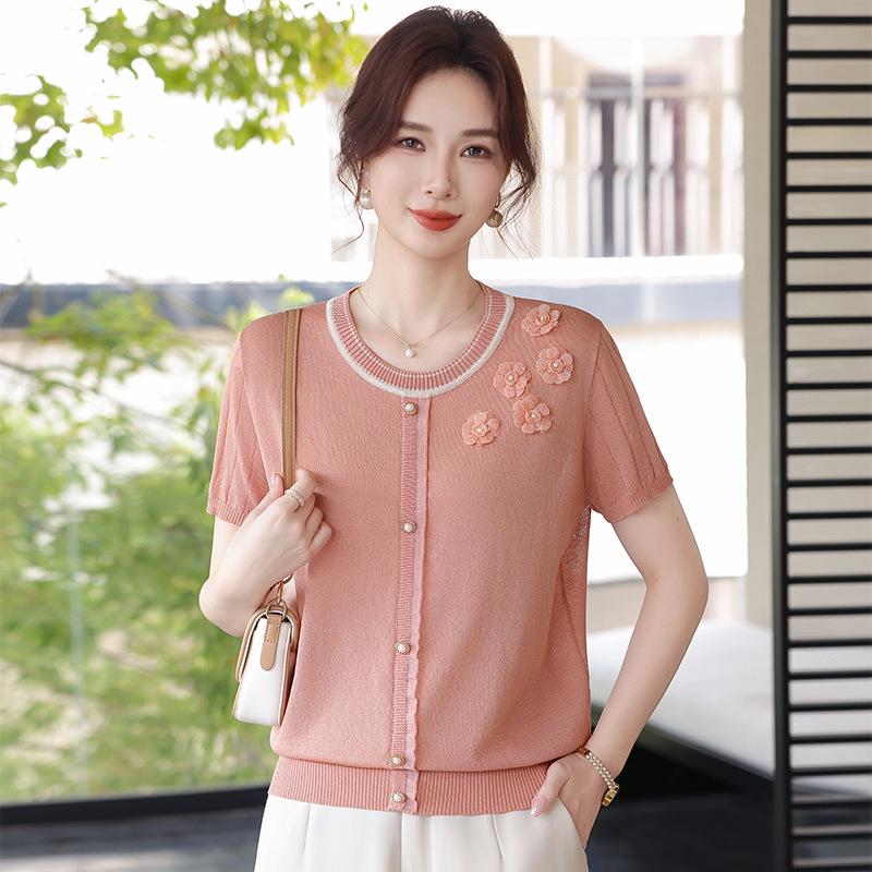 

2026 New Ice Silk Short Sleeve Top for Moms - Stylish Loose-Fit T-shirt for Middle-Aged and Elderly Women 2XL (for 110-120 jin) помаранчевий