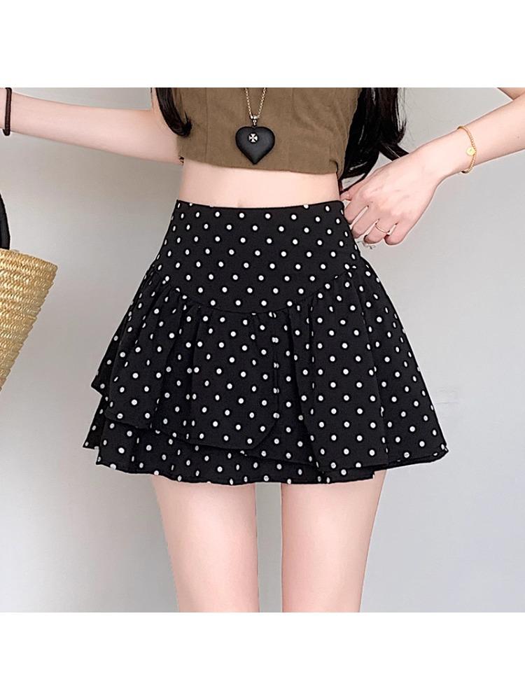 Plus Size Grey Polka Dot A-line Short Skirt for Autumn - High Waist Fluffy Cake Design for Women