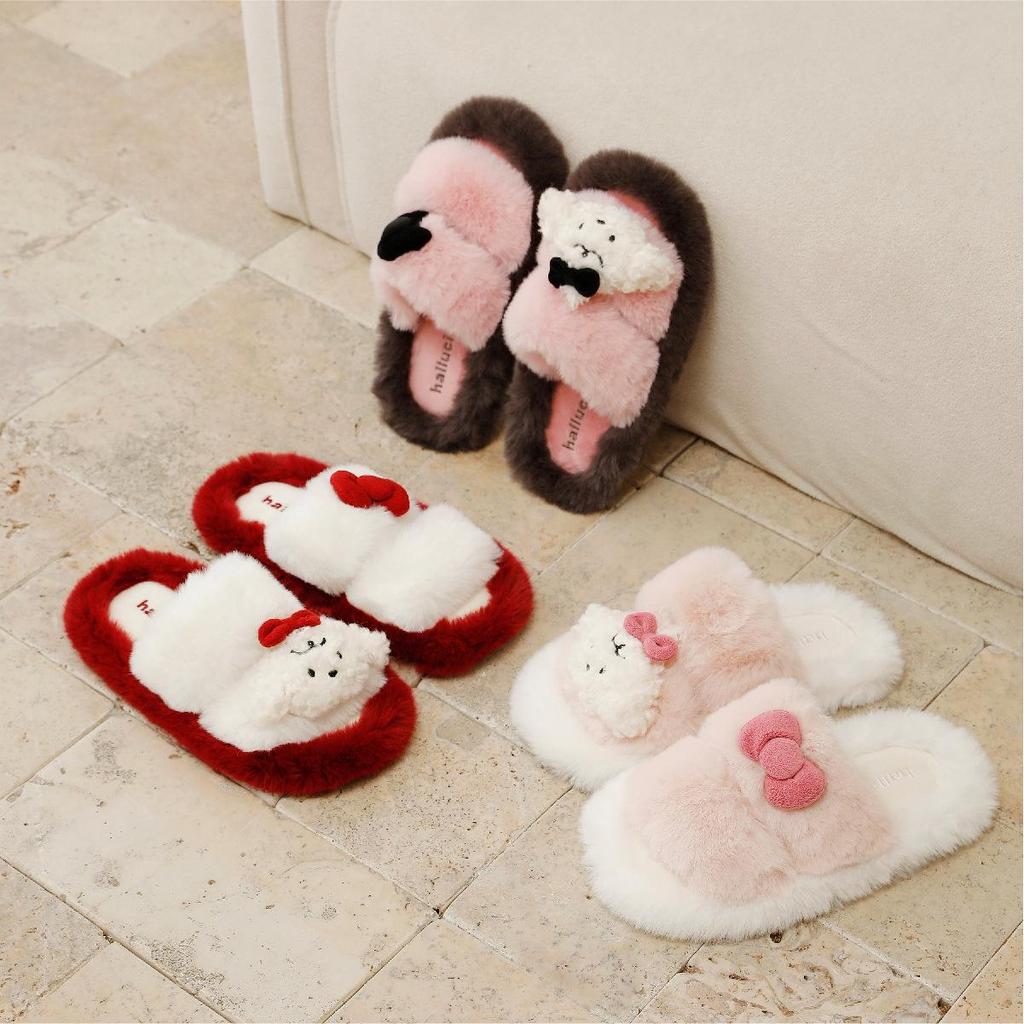 Zimní dámské plyšové pantofle s mašlí, protiskluzové