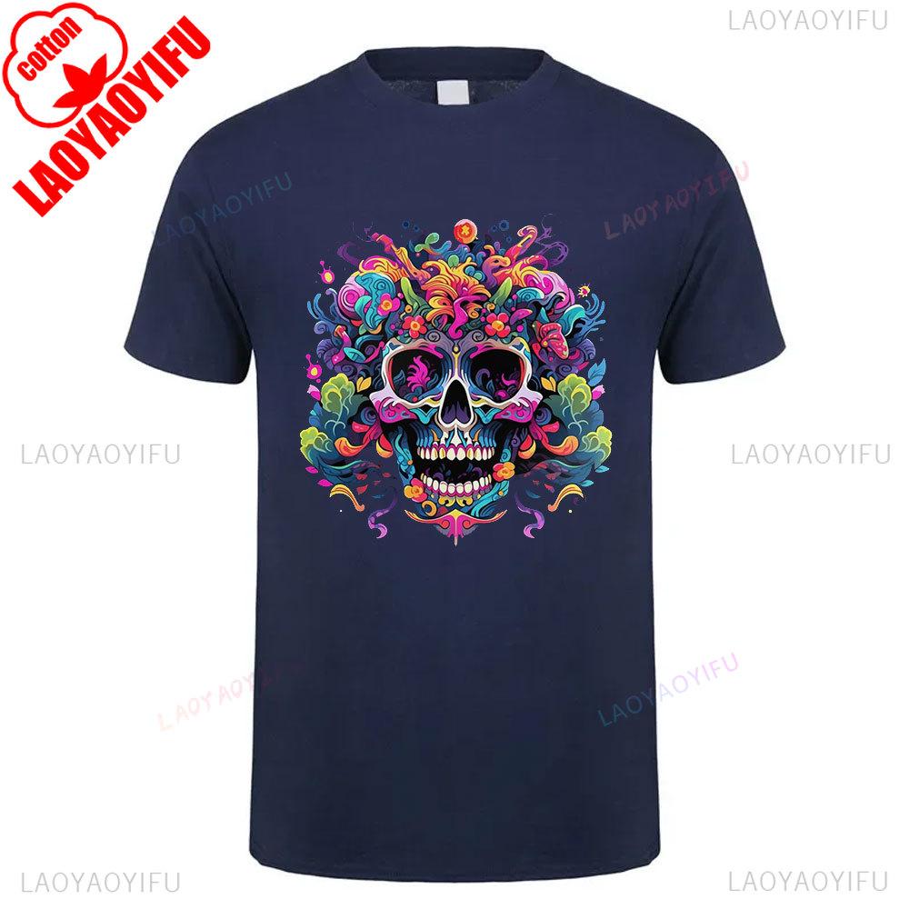 Mexican Skull Pattern Cotton Summer Tee Unisex Short Sleeve Round Neck Retro Style Graphic Shortsleeved Launched Casual Tshirt