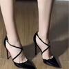 French New Cross Word with Bag Head Sandals Thin Heel Pointed Royal Sister Sexy Red Sole Black High Heels Temperament