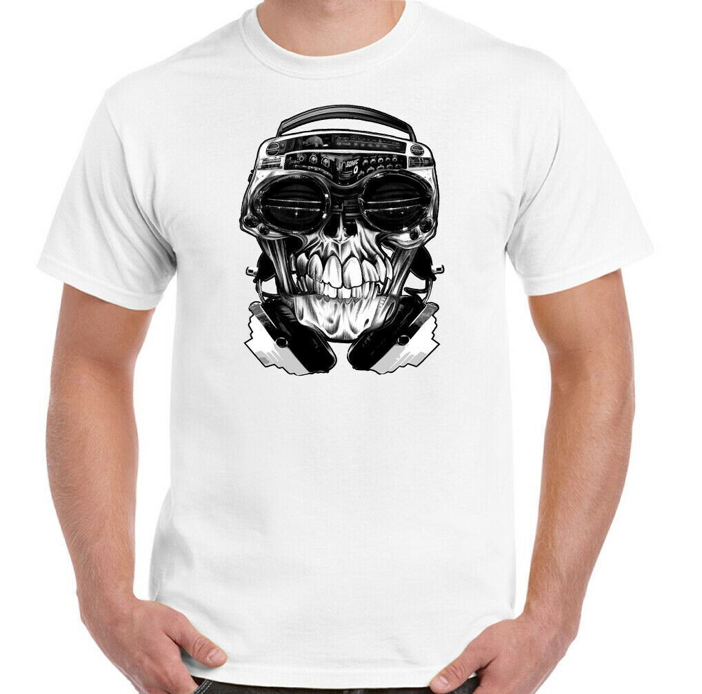 Skull T-Shirt Mens Funny Boogie Box Hi-Fi Ghetto Blaster Music Gothic Biker Top S разноцветный