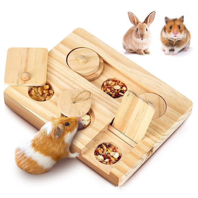 Hamster feeder, hamster foraging toy, solid wood, wooden, golden bear, hidden snack tray, pet supplies