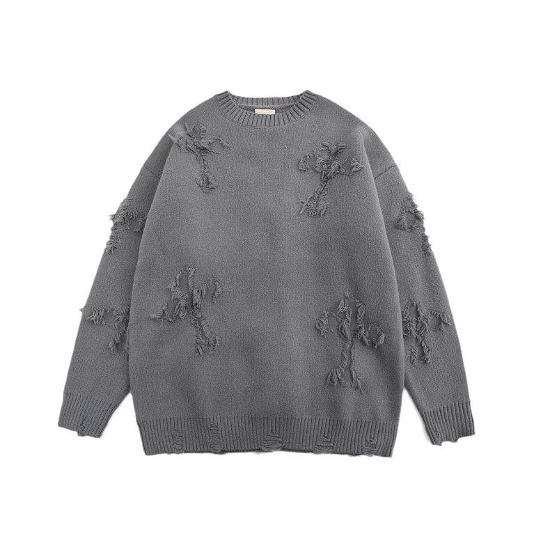 Men's Autumn/Winter Retro Ripped Knit Sweater - Round Neck, Thickened Pullover, Trendy American & Japanese Style