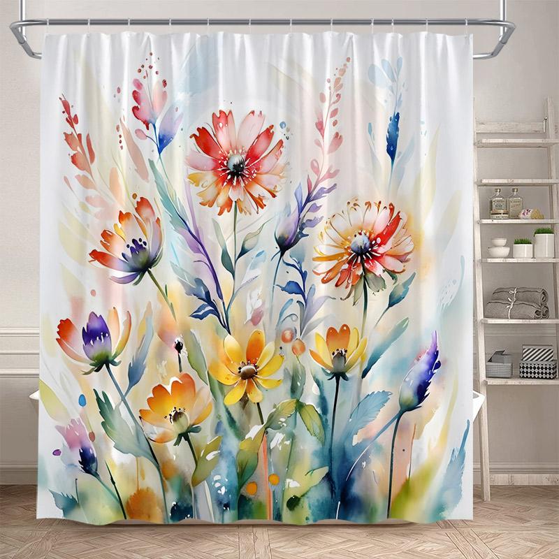 Floral Shower Curtain Blue Purple Pink Watercolour Flowers Plant Modern Minimalist Polyester Bathroom Decor Bath Curtains Set