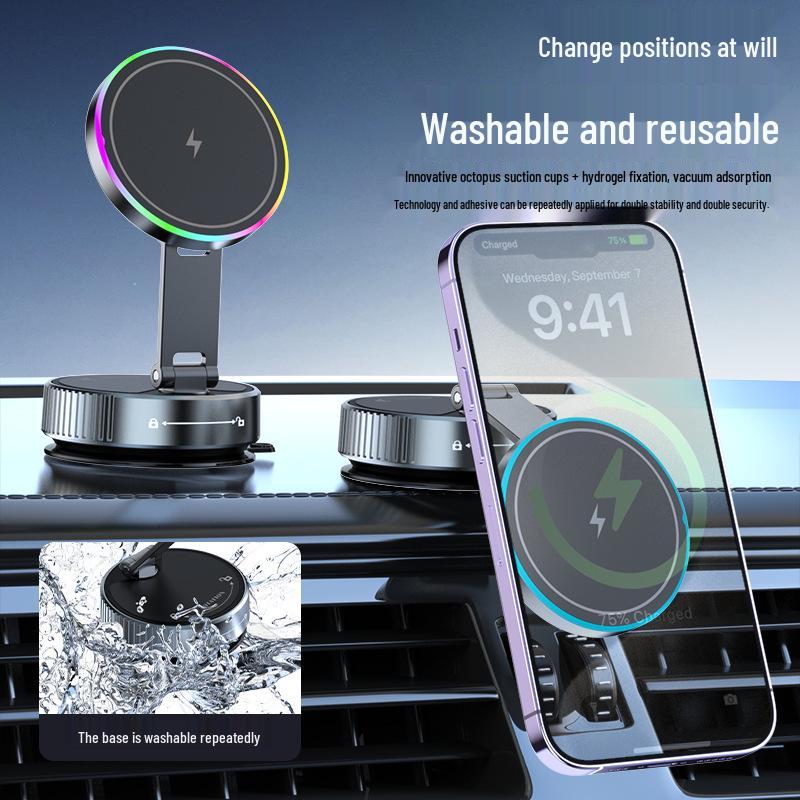 15W Fast Charging Wireless Magnetic Car Phone Holder with Rotating Atmosphere Light