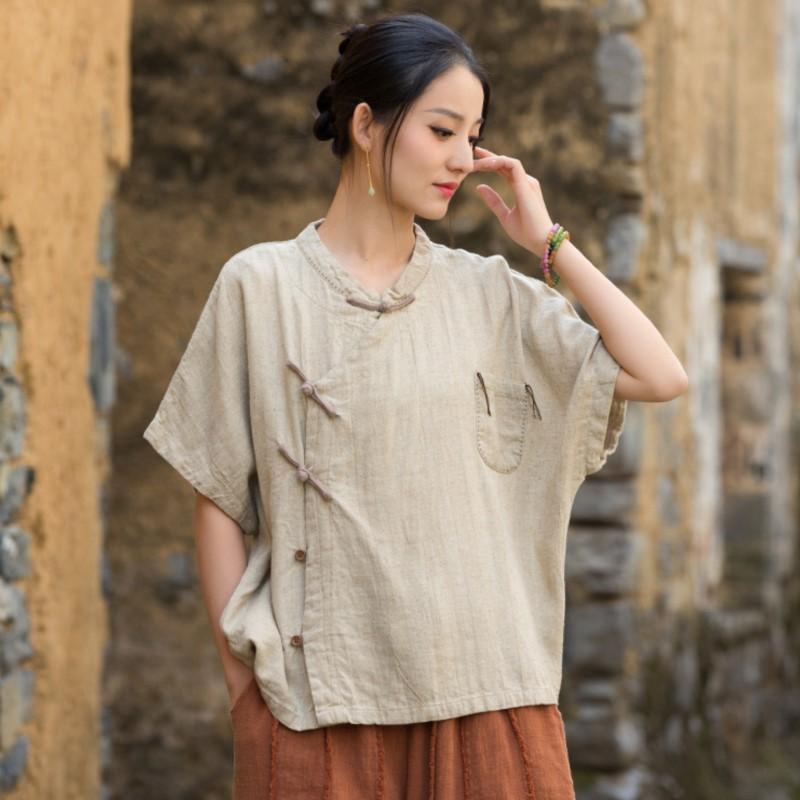 Johnature Women Vintage Shirts Tops O-Neck Bat Sleeve Blouses Summer Solid Color Loose Button Pockets Shirts