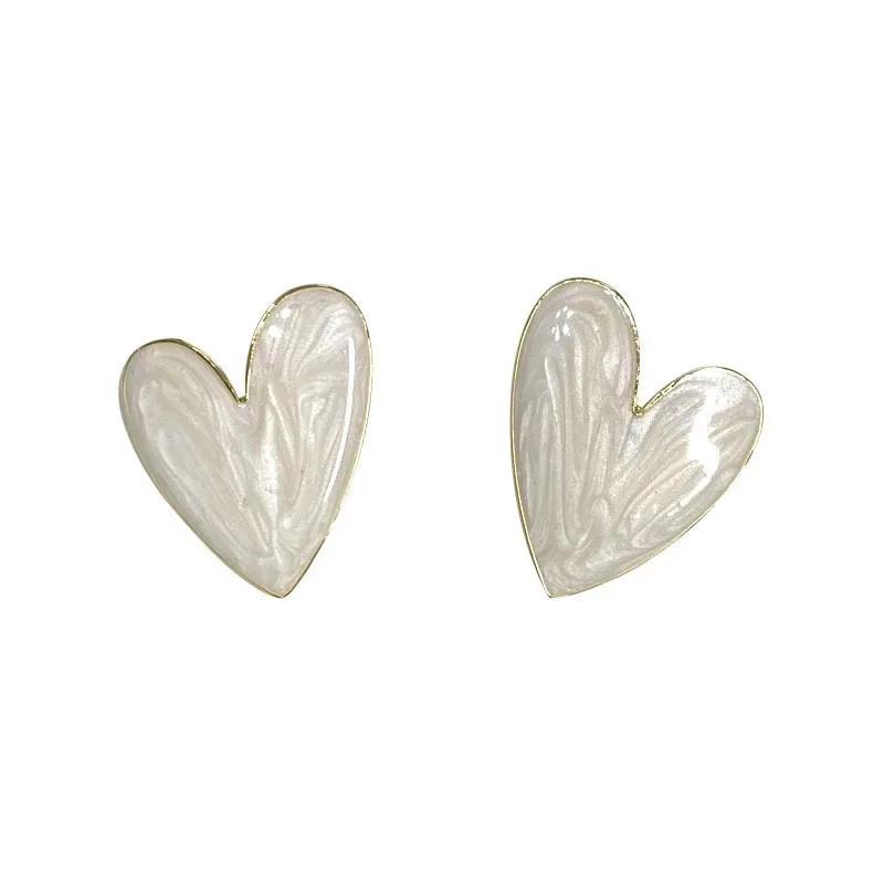 

White Color Big Heart Stud Earrings for Women Girl Korean Love Drop Glaze Aesthetic Daily Life Minimalist Zircon Piercing Ear белый