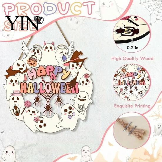 Fall Front Porch Signs Halloween Wooden Wreath Door Hanger Sign, Pumpkin Ghost Black Cat Witch Ornaments Bat Patterns, Hanging Plaque for Farmhouse