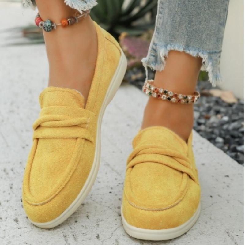 Koreanische Damen Ballerinas Schuhe 2025 Runde Zehen Loafer Lässige Damen Sneaker Damen Neu Slipper Freizeit Flock Nähschuhe für Damen