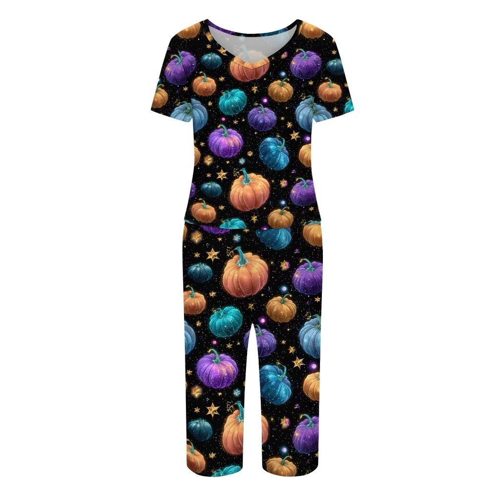 Women's Two Piece Set Short Sleeve Top and Capri Pants Casual Lounge Wear Halloween Floral Print Spider Web Pattern Soft Fabric