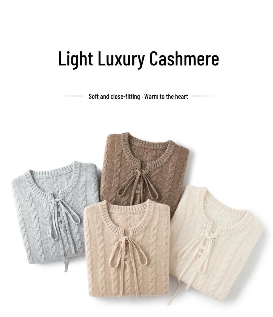 Women's Autumn/Winter 2026 Cashmere Cable Knit Lace-Up Sweater - Round Neck, Loose Fit, Slimming, Gentle Style.