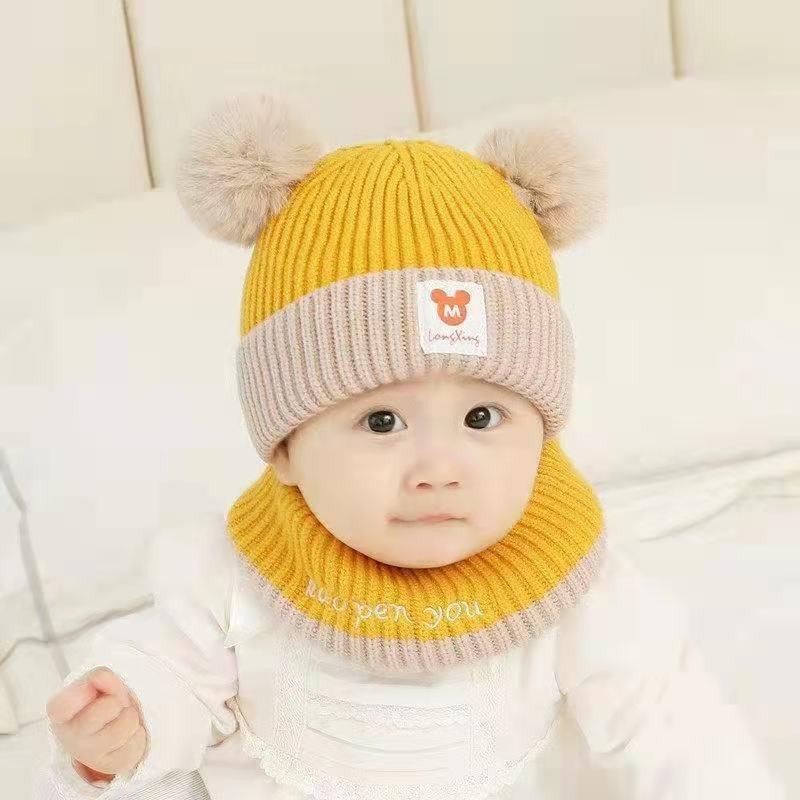 Baby Boy and Girl Baby Hat Autumn and Winter Cute Ball Velvet Thickened Windproof Ear Protection Children's Hat Scarf Knitted Hat