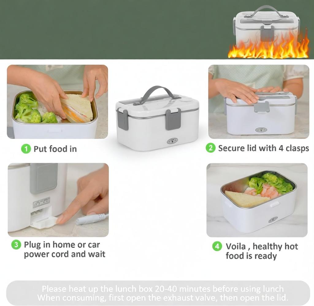 Electric Lunch Box 80W Food Heater for Adults/ 12V/24V/110V Portable Food Warmer for Car/Truck/Office With SS/Spoon/ Insulated Carry Bag/1.5L