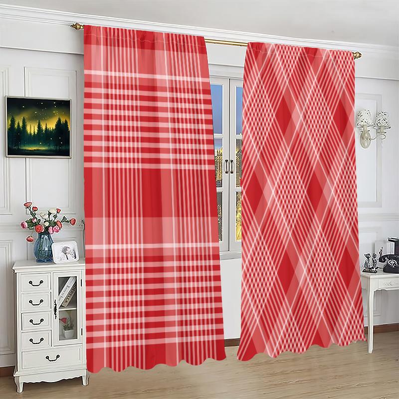 2Pcs- Red stripe - Printed curtain - Polyester material - suitable for family bedroom curtain living room decoration