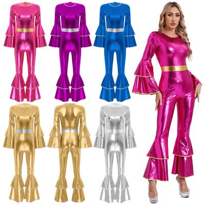 Damen Glänzender Jumpsuit im 70er-80er-Stil, Disco, abgestufte Ärmel, Schlaghose, Club-Party, Strampler
