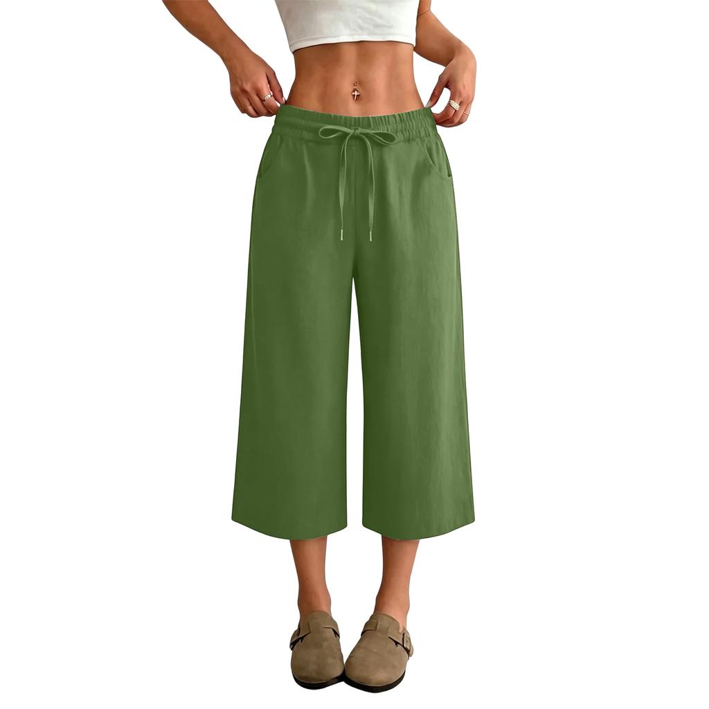 Women’s High Waist Wide Leg Drawstring Cropped Pants with Pockets Relaxed Fit Casual Summer Lightweight Design