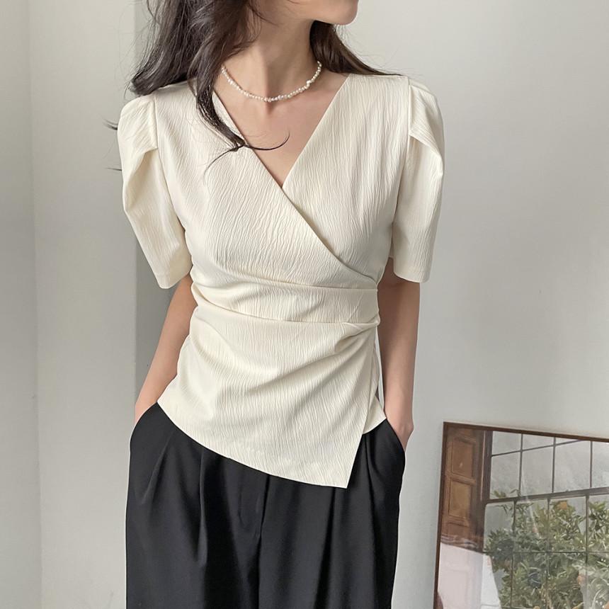 New French Style Irregular V-Neck Pleated Short-Sleeve Women's Shirt for Summer 2026.