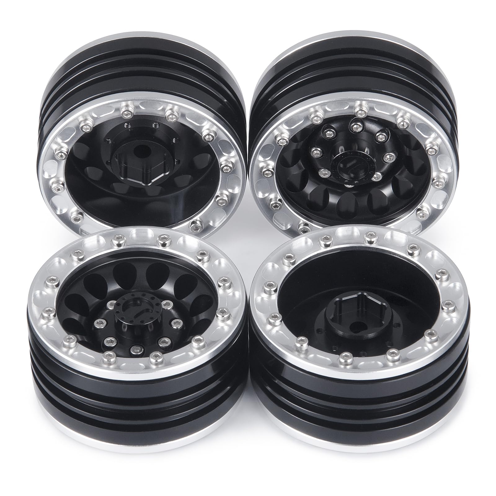 

TRZX Metal 1.9 Beadlock Wheels, RC Wheel Rims and Hubs for 1/10 RC Crawlers, TRX4, TRX6, Axial, SCX10, 90046 Upgrade (4 Pieces, Black + Silver)