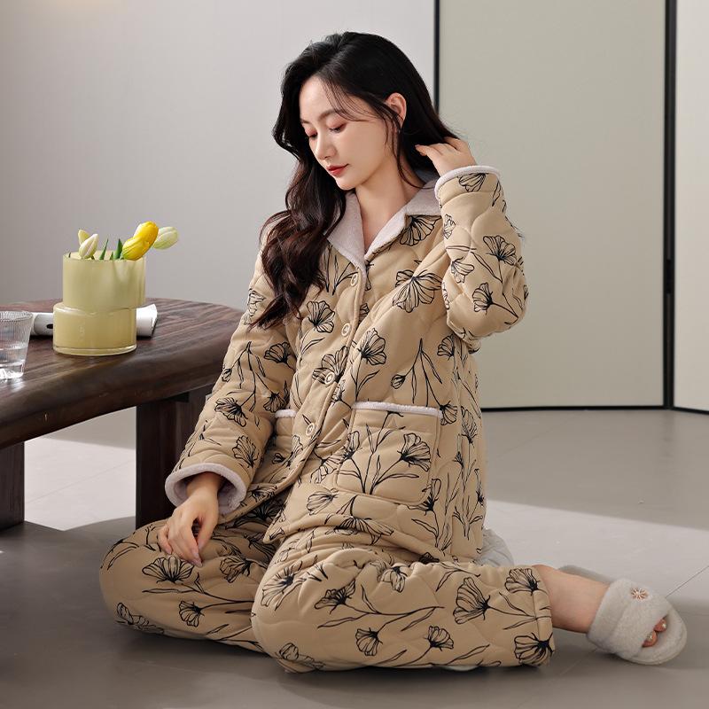 

Пижама женская зимняя женская утолщенная и бархатная трехслойная хлопковая с наполнителем зимняя теплая стеганая куртка женский комплект для дома 2XL