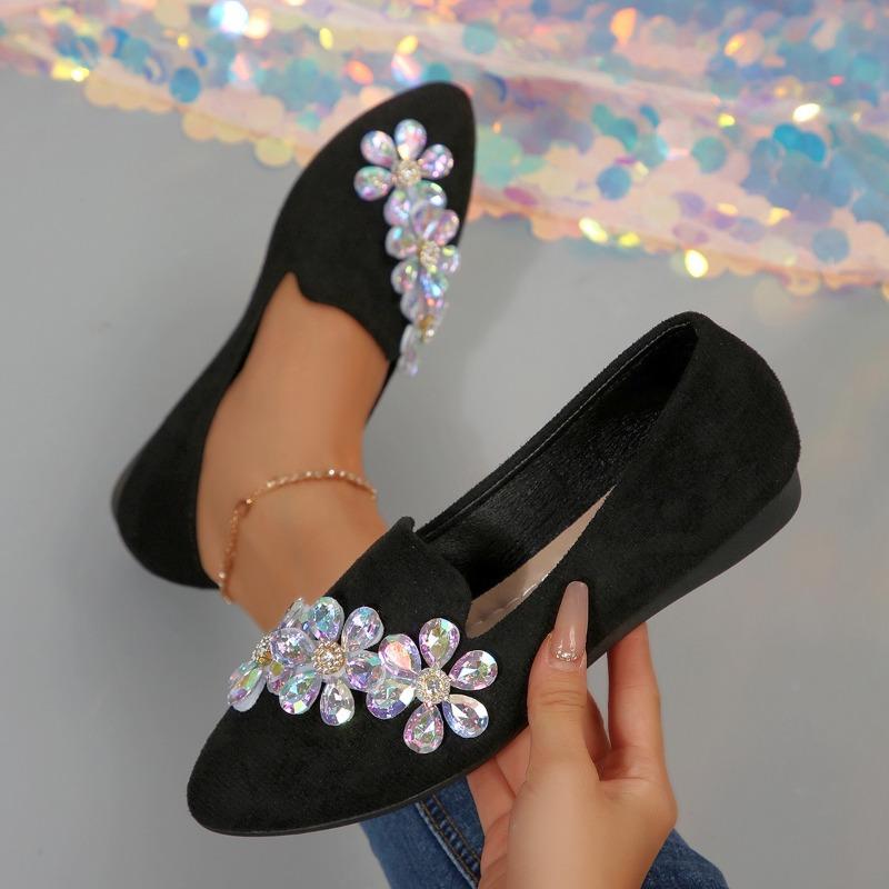 Women's Single Shoes Autumn New Pointed Toe Shallow Slip Rhinestone Flower Slip-on Soft Slip Low Heel Shoes