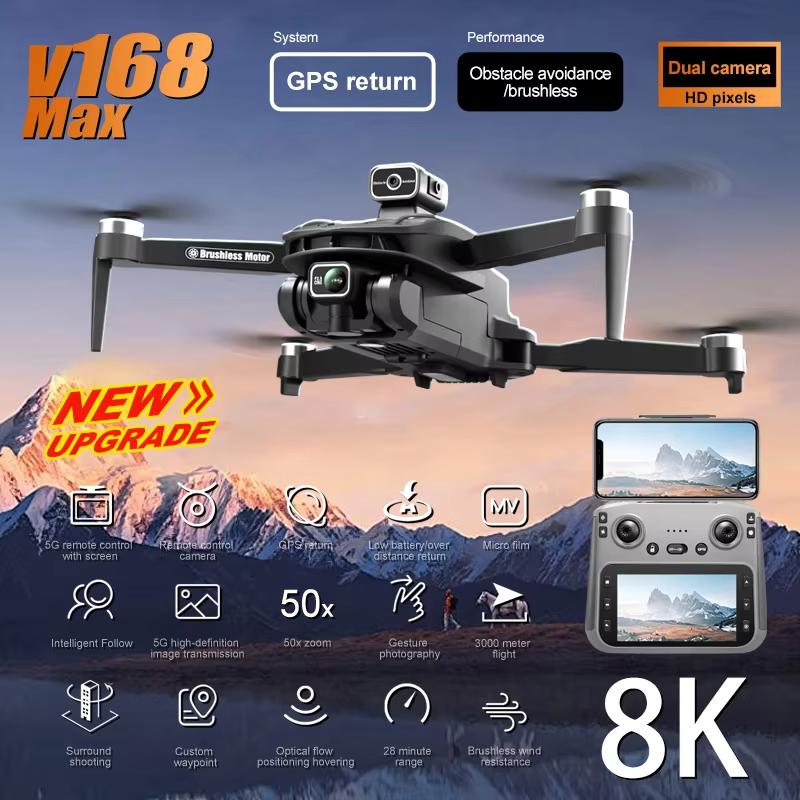 New Upgraded V168 Pro Max GPS LCD Screen Ccontrol 8K HD Dual Cameras Remote WIFI FPV Remote Control Portable Obstacle Avoidance Drone