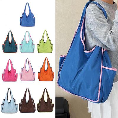 Douyin Color Block Foldable Grocery Tote - Eco-friendly, Waterproof Polyester Bag for Handheld or Shoulder Use
