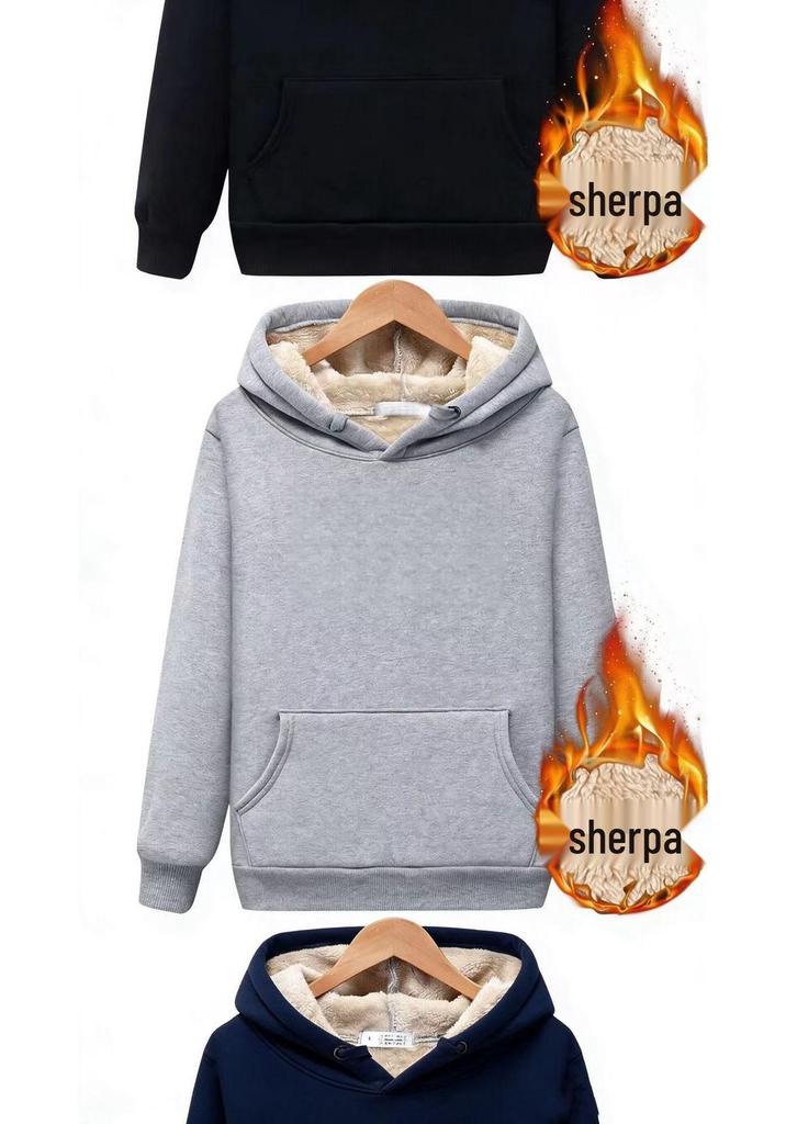 Men's Velvet-Lined Lambswool Hoodie - Loose Fit, Solid Color, Warm Winter Jacket