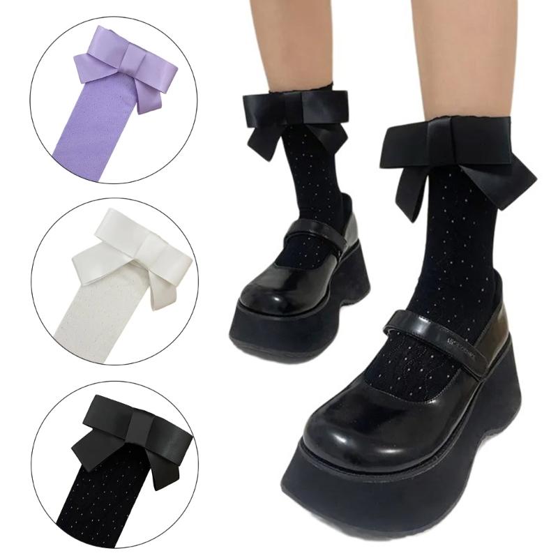 Cute Big Bowknot Hollowed Out Ruffle Frilly Calf Socks for Women Girls Japanese Elegant Sweet Lace Middle Tube Socks
