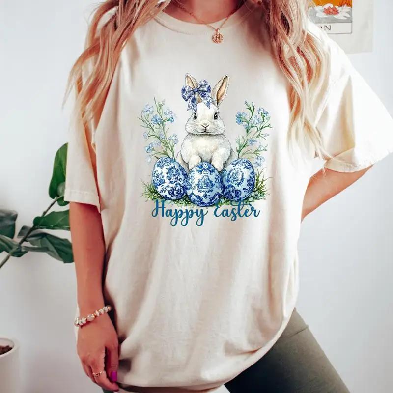 Happy Easter Shirt Blue Floral Chinoiserie Bunny T Toile Rabbit Grand Millennial Coquette