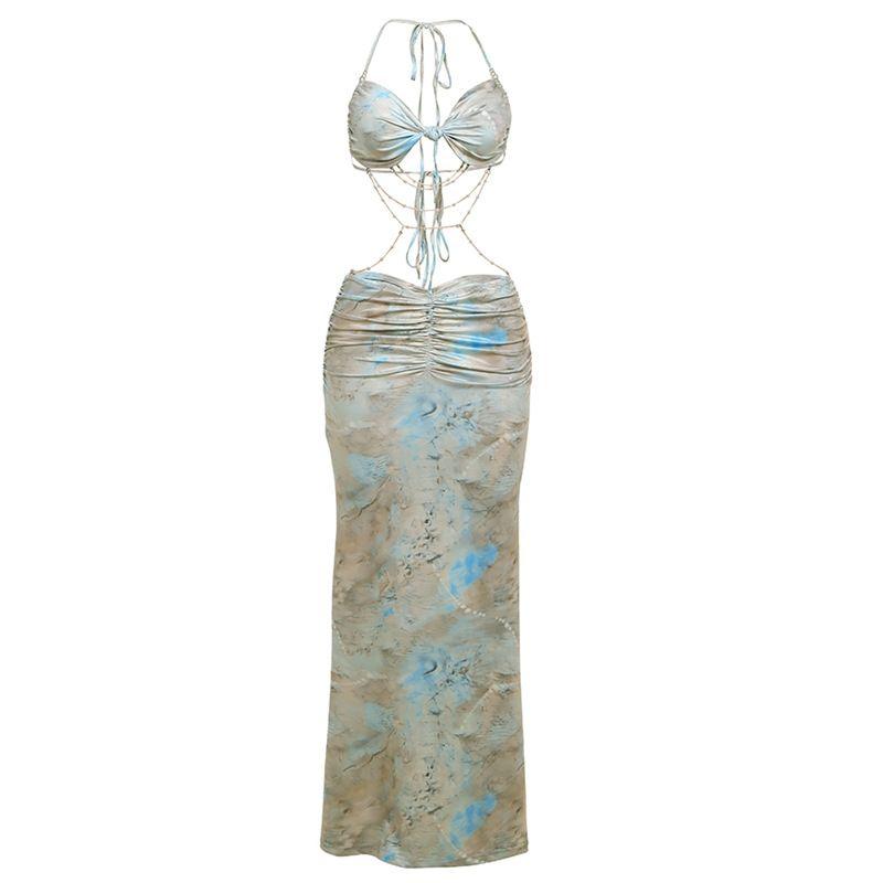 

Cnyishe Sexy Sexy Seaside Vacation Style Halterneck Dress Pearl Chain Decorative Ruched Low Waist Dress Green L