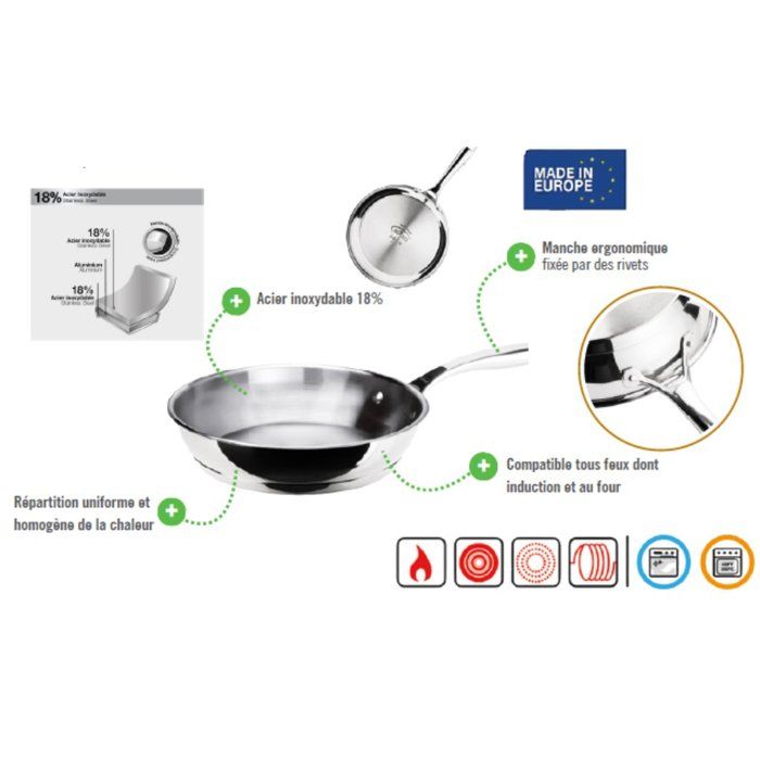 Poêle - INOXIBAR - Ø 24 cm - Manche ergonomique - Tous feux dont induction - Inox