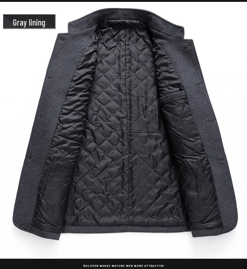 Men's Stand Collar Cotton-Padded Wool Coat – Non-Iron, Fashionable Business Outerwear