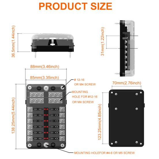 12-Way Fuse Box 12 Circuits Negative Bus Fuse Block Holder With LED Indicator